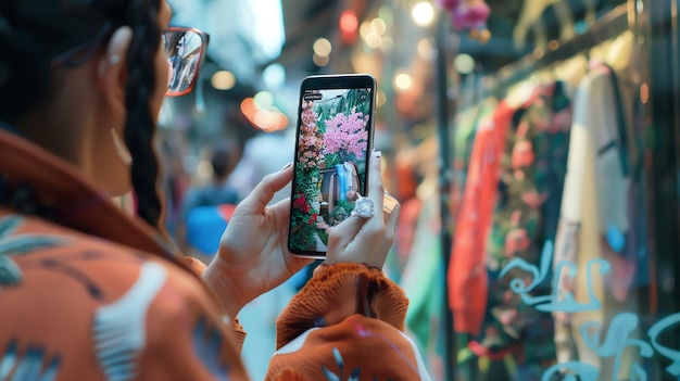 Foto una mujer sostiene un teléfono con una imagen de una flor en él