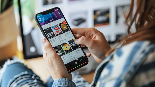 Una mujer sostiene un teléfono inteligente en la mano Ella está mirando a la pantalla del teléfono El teléfono está mostrando una lista de libros