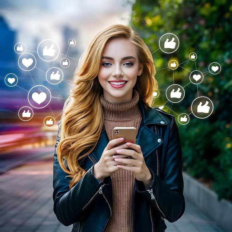 una mujer sostiene un teléfono inteligente con muchos iconos en el fondo