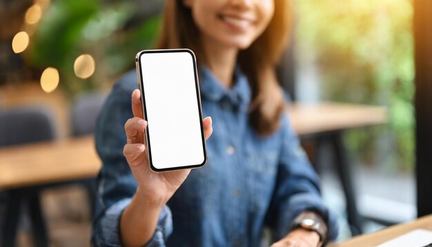 mujer sostiene un teléfono inteligente con pantalla en blanco que transmite conectividad moderna y tecnología con un sentido