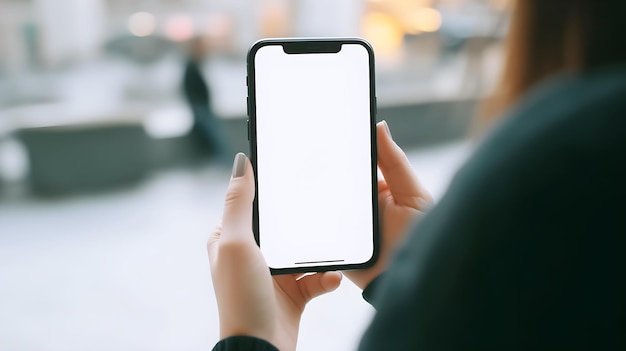 Una mujer sostiene un teléfono con una pantalla en blanco.