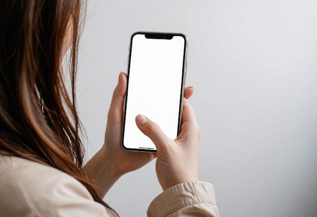 una mujer sostiene un teléfono con una pantalla en blanco