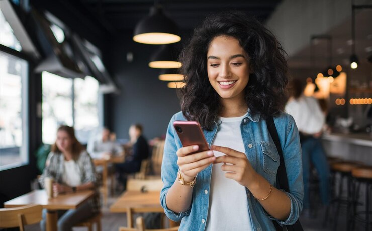 una mujer sostiene un teléfono y sonríe a la cámara