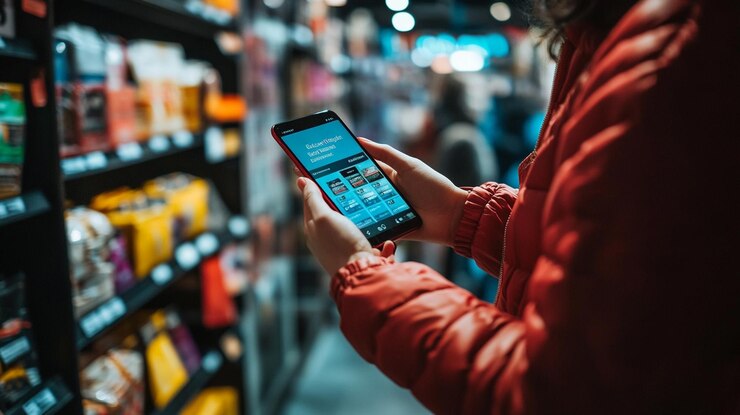 Foto una mujer sostiene un teléfono en sus manos y mira la pantalla