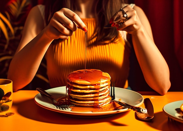 Una mujer sostiene un tenedor sobre un plato de panqueques.