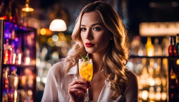 una mujer sostiene un vaso con una pajita en la mano y una bebida delante de ella
