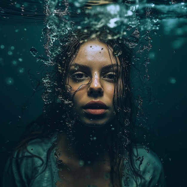 una mujer con su cabello en el agua bajo el agua.