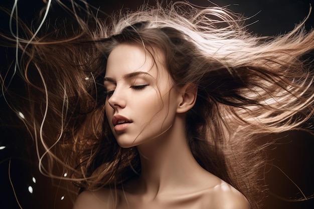 Una mujer con su cabello flotando en el aire