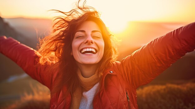 Foto una mujer con su cabello en el viento al atardecer