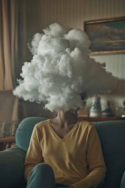 Foto una mujer con su cabeza dentro de una nube ella está en una sala de estar realistala fotografía ganadora del premio sony a735mm lentef 16cinematic ar 23 v 6 id de trabajo d84944d869644e7bbd2fde5242899750