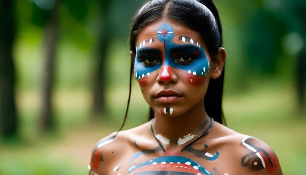 una mujer con su cara pintada indígena