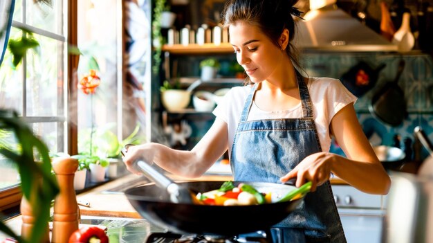 Una mujer en su cocina, rodeada de ingredientes frescos, vuelve hábilmente las verduras en un wok para una deliciosa salsa frita