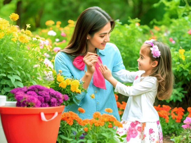 una mujer con su hijo están mirando una flor