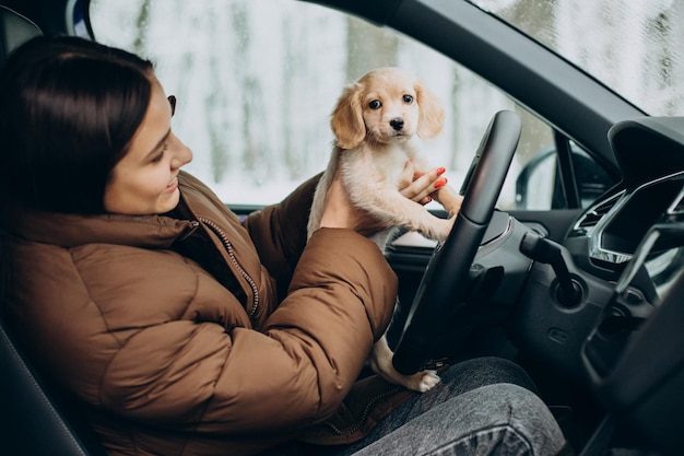 Mujer con su lindo perro sentado en el coche