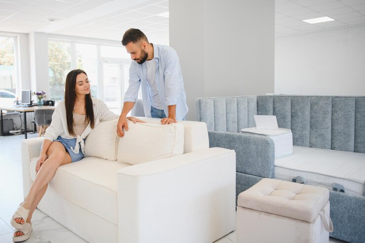 Foto mujer con su marido en la sala de exposición de la tienda de muebles
