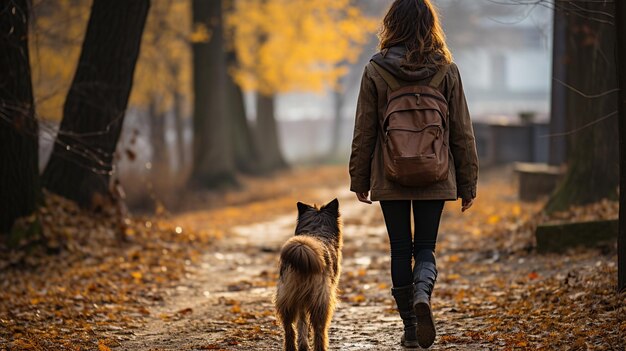 mujer con su perro en el bosque de otoño