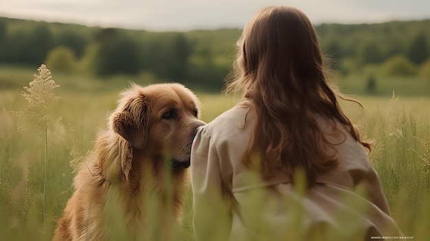 Una mujer y su perro en un campo.