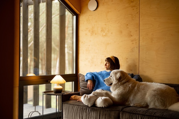 Mujer con su perro en casa de madera en la naturaleza