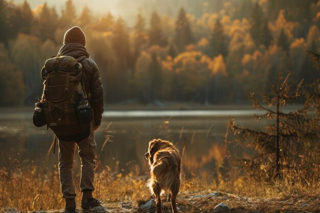 Una mujer y su perro están caminando por un bosque.