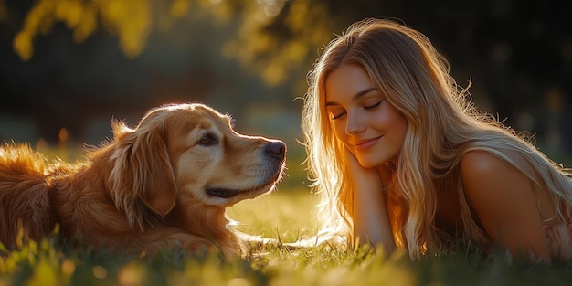una mujer y su perro están en la hierba