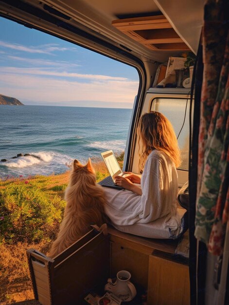 una mujer y su perro mirando por la ventana de un tren con una computadora portátil.