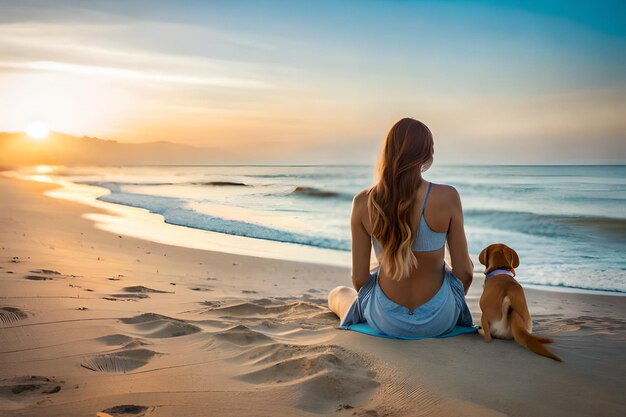 Una mujer y su perro se sientan en la playa y miran el océano.