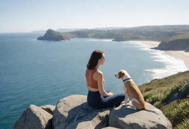 una mujer y su perro se sientan en una roca con vistas al océanoHD 8K papel tapiz Imagen fotográfica de stock