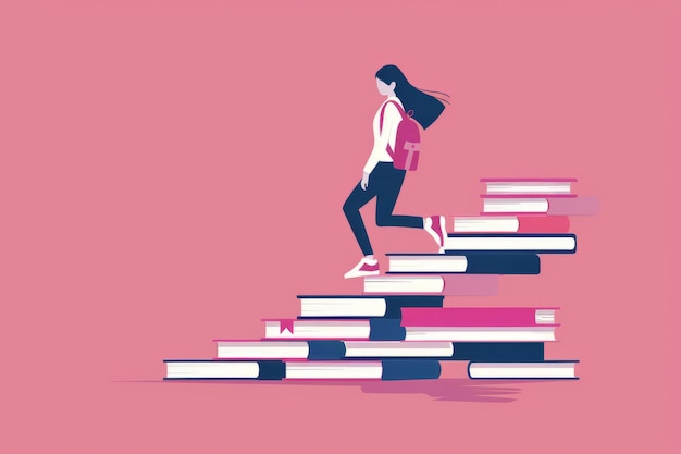 La mujer sube las escaleras de los libros estilo plano