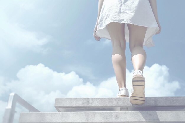 Una mujer subiendo unas escaleras con el cielo al fondo.