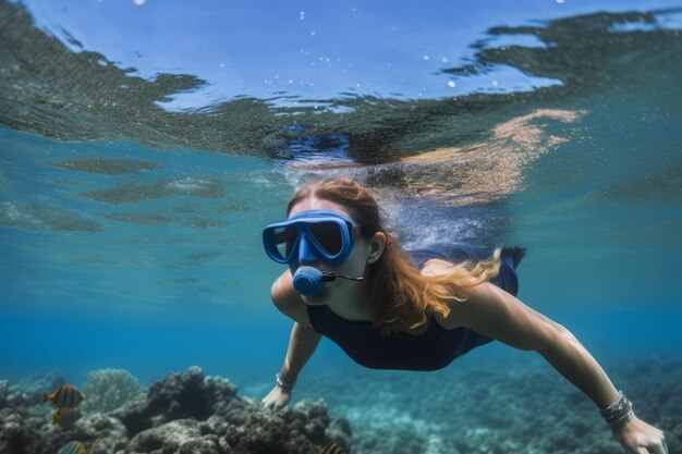 Mujer submarina buceando Buceo en el mar Generar Ai