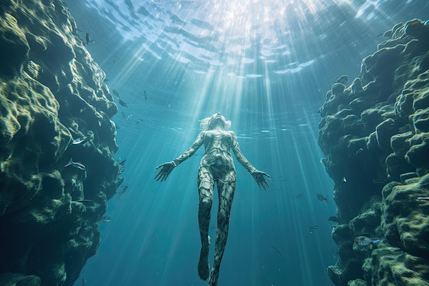 Mujer submarina en el océano Mundo submarino Representación 3d Bikini de apnea femenina nada en el mar de cristal AI generado