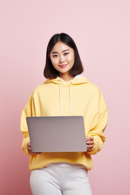 una mujer con una sudadera amarilla sostiene una computadora portátil