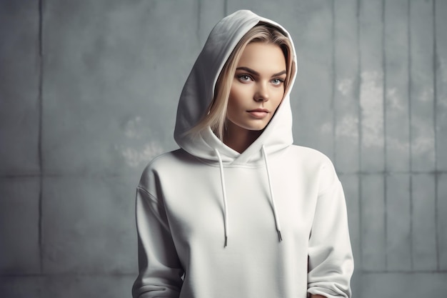 Una mujer con una sudadera blanca con la palabra amor.