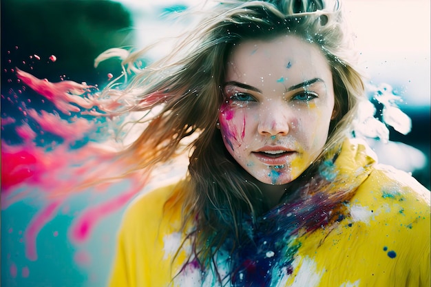 Una mujer con una sudadera con capucha amarilla y una chaqueta amarilla está cubierta de pintura.