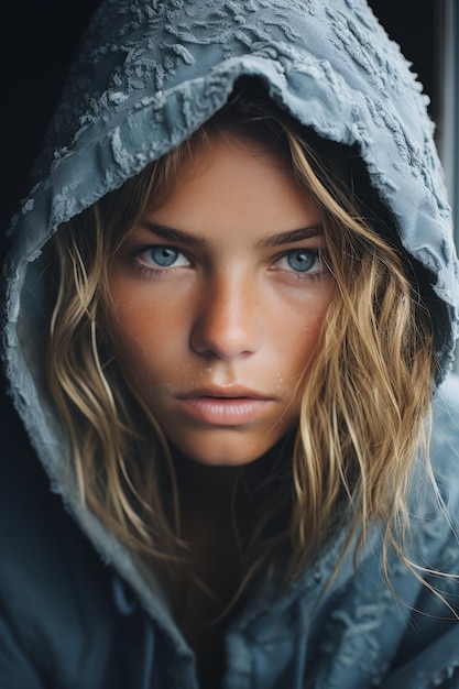 una mujer con una sudadera con capucha azul mirando a la cámara