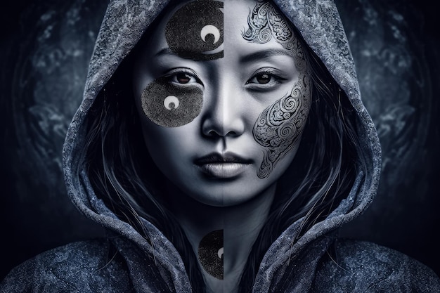 Una mujer con una sudadera con capucha azul oscuro y una cara en blanco y negro con la palabra 'luna'.