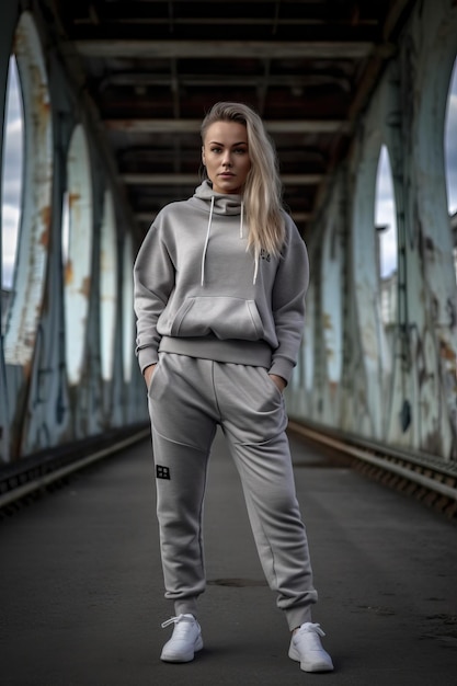 Una mujer con una sudadera con capucha gris y una sudadera gris con la palabra escrita.