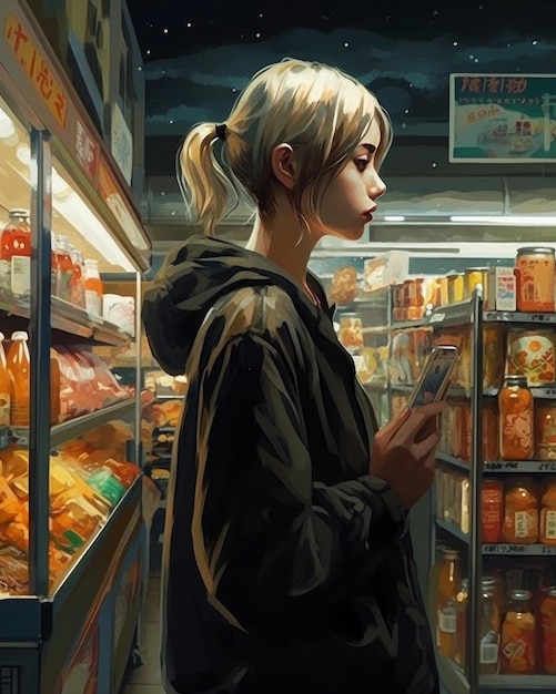 Una mujer con una sudadera con capucha negra se para frente a una tienda llena de comida.