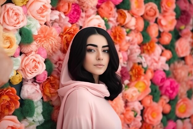 Una mujer con una sudadera con capucha rosa se para frente a una pared de flores.