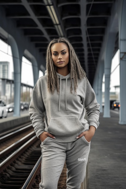 Una mujer con una sudadera gris y una sudadera gris se para en una vía de tren.