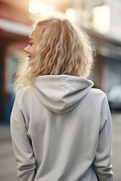 Una mujer con una sudadera gris