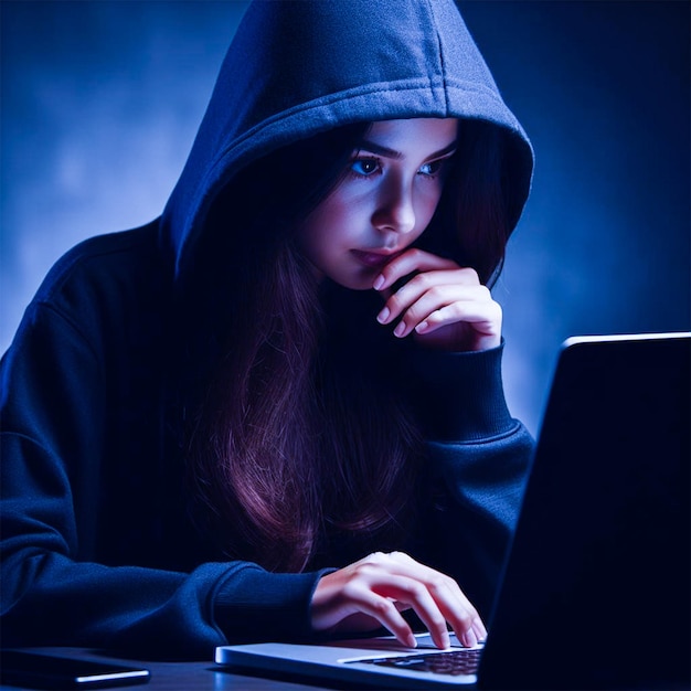 una mujer con una sudadera negra está escribiendo en una computadora portátil