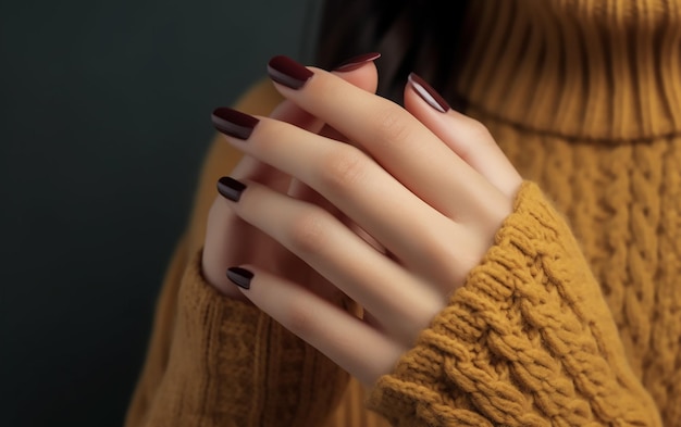 Una mujer en un suéter amarillo con un esmalte de uñas de color oscuro.