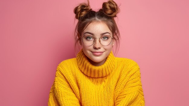 Una mujer con un suéter amarillo lleva gafas