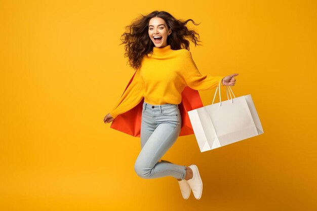 una mujer con un suéter amarillo saltando en el aire con una bolsa blanca