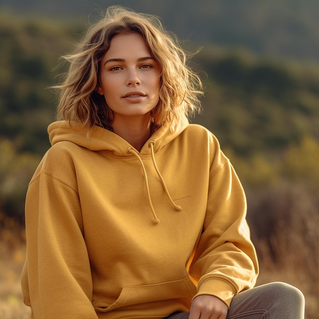 Una mujer con un suéter amarillo se sienta en un tronco en un campo.