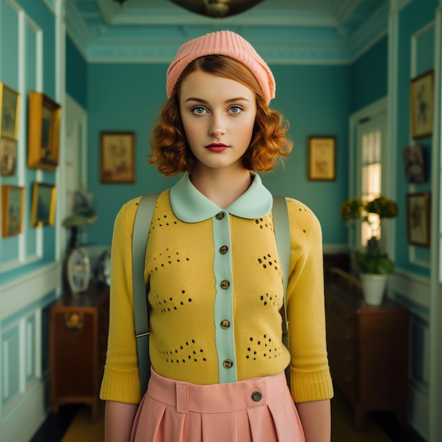 Foto una mujer con un suéter amarillo y un sombrero rosado se encuentra en una habitación con una pared azul y una imagen en blanco y negro de una mujer vestida con un suéter amarillo con un punto polka blanco y negro