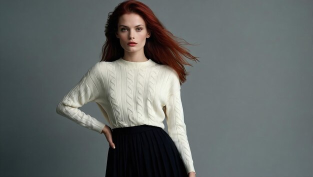 una mujer con un suéter blanco y cabello rojo está posando