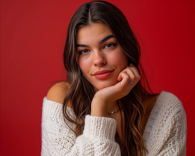 Foto una mujer con un suéter blanco posando contra un fondo rojo