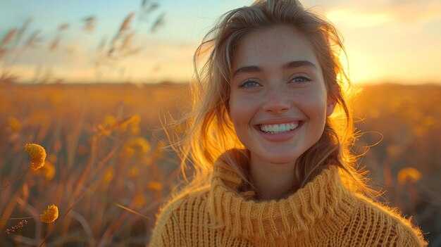 Mujer con suéter cálido con sonrisa al atardecer turismo de viajes